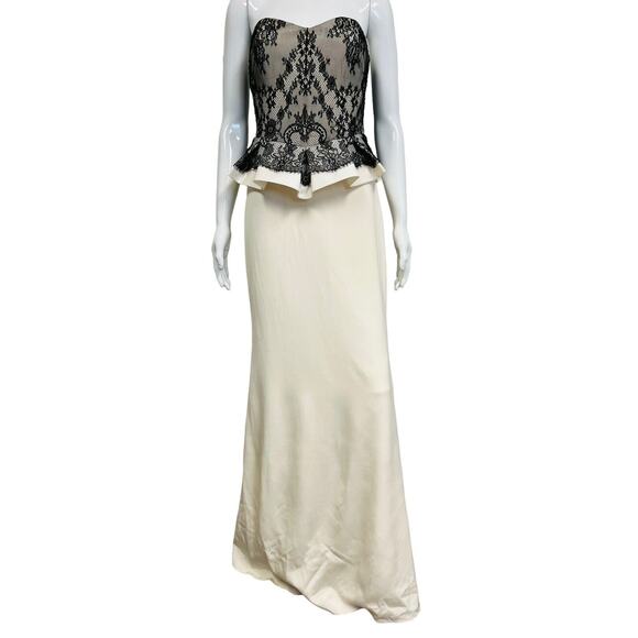 MARCHESA NOTTE Ivory Silk Black Lace Strapless Peplum Waist Maxi Evening Gown 8 - Picture 1 of 6